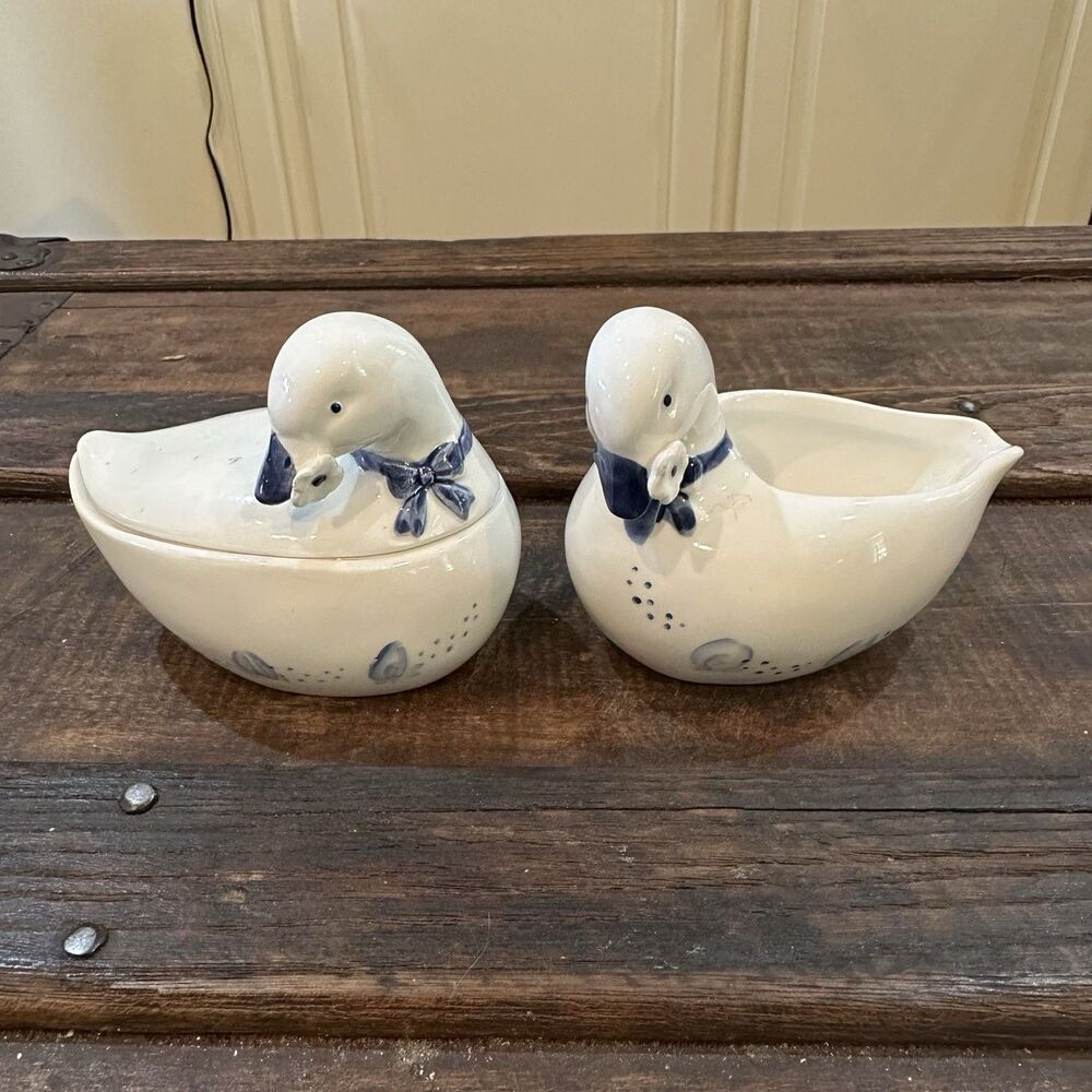Thunderbird Ducks Delft Blue Trinket Dish Sugar Toothpick Holder Lot Of 2 MCM